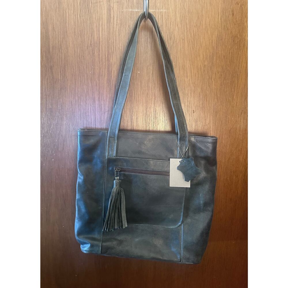 NWT LISA LEONARD DISTRESSED DARK GRAY/BLACK LEATHER TOTE